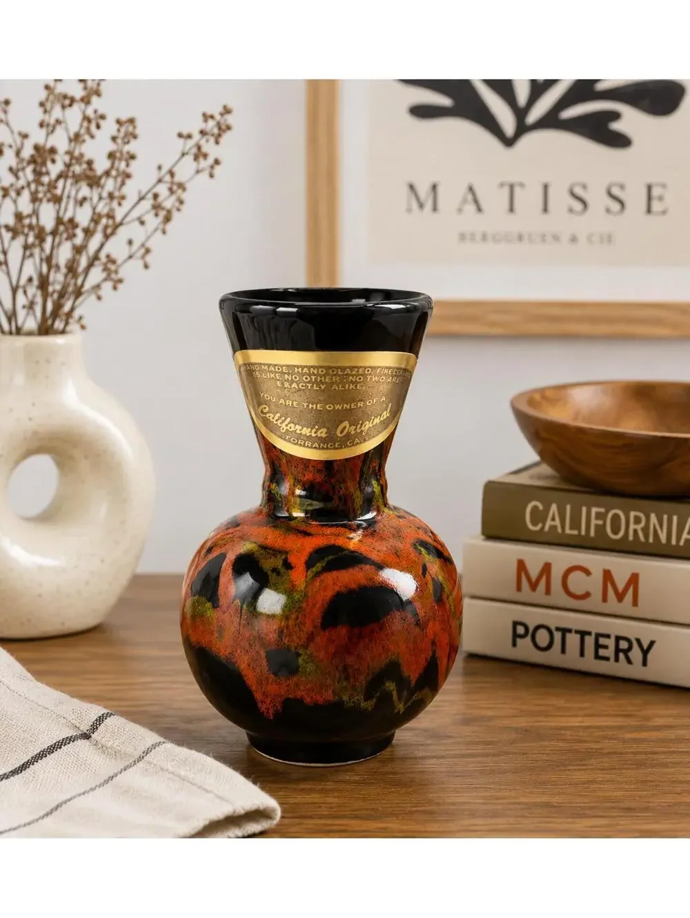 Vintage MCM California Originals Drip Glaze Vase Black Orange Green